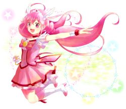 Rule 34 | 10s, 1girl, boots, bow, choker, cure happy, dress, eyelashes, full body, hoshizora miyuki, knee boots, kurimomo (kaiko825), long hair, magical girl, pink bow, pink dress, pink eyes, pink hair, pink skirt, precure, rikumomo, shorts under skirt, skirt, smile, smile precure!, solo, tiara, twintails, wrist cuffs