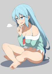 Rule 34 | 1girl, alternate hairstyle, aqua (konosuba), arm under breasts, bare shoulders, barefoot, blue eyes, blue hair, blush, bottomless, breasts, cleavage, collarbone, convenient leg, feet, foreshortening, grey background, groin, hair between eyes, hair ornament, hand on own chin, hand up, indian style, kono subarashii sekai ni shukufuku wo!, large breasts, long hair, long sleeves, looking away, low-tied long hair, medium breasts, off-shoulder shirt, off shoulder, open mouth, pajamas, raised eyebrows, salpin, shirt, sidelocks, simple background, sitting, smile, smug, soles, solo, thighs, toes, very long hair