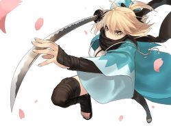 Rule 34 | 1girl, black bow, black scarf, black thighhighs, blonde hair, bow, bracer, commentary request, covered mouth, fate (series), fingernails, foreshortening, hair bow, haori, highres, holding, holding sword, holding weapon, incoming attack, japanese clothes, jumping, katana, koha-ace, long sleeves, okita souji (fate), okita souji (koha-ace), petals, sandals, scarf, scarf over mouth, solo, stirrup legwear, sword, thighhighs, toeless legwear, weapon, white background, wide sleeves, yellow eyes, zonotaida