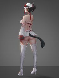 Rule 34 | 1girl, animal ears, ass, warrior of light (ff14), back, bare shoulders, black hair, boots, breasts, cat ears, cat tail, commentary, commission, detached sleeves, english commentary, facial mark, final fantasy, final fantasy xiv, from behind, full body, green eyes, high heel boots, high heels, highres, inhoso, large breasts, looking at viewer, marie makise, multicolored hair, second-party source, short hair, smile, solo, standing, tail, thigh boots, thighhighs, tilted headwear, two-tone hair, white headwear