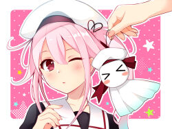 1girl 1other aqua_hair black_ribbon blush closed_mouth gradient_hair hair_between_eyes hair_ribbon harusame_(kancolle) hat kantai_collection long_hair multicolored_hair nail_polish one_eye_closed pink_hair pink_nails red_eyes ribbon sailor_collar school_uniform serafuku side_ponytail simple_background star_(symbol) teramoto_kaoru teruterubouzu upper_body white_hat white_sailor_collar