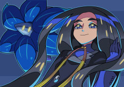 Rule 34 | 1girl, black hair, black jacket, blue eyes, blue gloves, blue shirt, closed mouth, commentary request, creatures (company), eyelashes, game freak, geeta (pokemon), glimmora, gloves, highres, jacket, long hair, long sleeves, looking down, neck ribbon, nintendo, pokemon, pokemon (creature), pokemon sv, ribbon, shirt, smile, sutokame, yellow ribbon