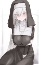 Rule 34 | 1girl, between legs, black dress, blush, breasts, brown eyes, commentary request, dress, grey background, habit, hair ornament, hairclip, hand between legs, hand on own arm, highres, impossible clothes, impossible dress, large breasts, long hair, looking at viewer, nun, original, otsumami (02mami), parted lips, rosary, silver hair, sitting, smile, solo, very long hair, x hair ornament