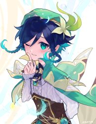 Rule 34 | 1boy, amatya, androgynous, artist name, beret, black hair, blue hair, blush, bow, braid, brooch, collared cape, collared shirt, commentary request, corset, feathers, finger to mouth, flower, frilled sleeves, frills, gem, genshin impact, gradient hair, green eyes, green hat, hair flower, hair ornament, hat, highres, jewelry, leaf, light particles, long sleeves, looking at viewer, male focus, multicolored hair, one eye closed, open mouth, shirt, short hair with long locks, shushing, side braids, sidelocks, simple background, smile, solo, twin braids, venti (genshin impact), vision (genshin impact), white flower, white shirt