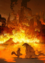 Rule 34 | 2others, ambiguous gender, artist name, burning, burning building, city, commentary request, crying, damaged, demizu posuka, fire, furry, furry male, highres, lizardman, multiple others, original, outdoors, sharp teeth, smoke, teeth