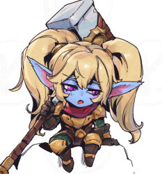 Rule 34 | 1girl, armor, armored boots, blush, boots, brown gloves, fang, gloves, gold armor, hammer, holding, holding hammer, holding weapon, league of legends, long hair, looking down, open mouth, phantom ix row, pointy ears, poppy (league of legends), purple eyes, sad, simple background, sitting, solo, twintails, weapon, white background, yordle