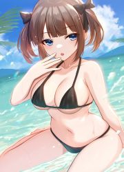 Rule 34 | 1girl, bare legs, barefoot, bikini, black bikini, blue eyes, blue sky, blunt bangs, breasts, brown hair, cleavage, collarbone, commentary request, day, hair ribbon, hand to own mouth, highres, hoshimiya aki, lens flare, looking at viewer, medium breasts, navel, ocean, open mouth, original, outdoors, palm tree, partially submerged, ribbon, short twintails, sitting, sky, solo, swimsuit, tree, twintails, underboob, wariza, water drop