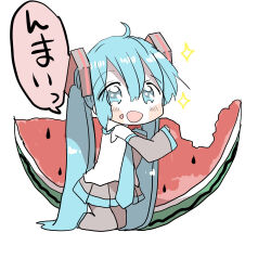 Rule 34 | 1girl, ahoge, black skirt, black sleeves, black thighhighs, blue eyes, blue hair, blue necktie, blue trim, blush, chibi, commentary request, eating, food, food on face, fruit, full body, hair between eyes, hair ornament, hatsune miku, highres, kneeling, long hair, long sleeves, looking at viewer, necktie, open mouth, pleated skirt, shirt, simple background, skirt, solo, speech bubble, star (symbol), thighhighs, translation request, very long hair, vocaloid, watermelon, watermelon slice, white background, white shirt, xxxx saki