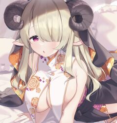 Rule 34 | 1girl, :o, animal ears, arm support, artist request, asymmetrical bangs, bare shoulders, black skirt, black veil, blonde hair, blunt bangs, blush, breast curtains, breasts, check artist, commentary request, curled horns, detached collar, hair over one eye, highres, hip vent, horns, indie virtual youtuber, inori marie, ksk (semicha keisuke), large breasts, long hair, looking at viewer, nun, on bed, open mouth, red eyes, second-party source, sheep ears, sheep girl, sheep horns, skirt, solo, upper body, veil, virtual youtuber