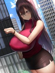 Rule 34 | 1girl, absurdres, bag, bare shoulders, black skirt, blue sky, borrowed character, breasts, brown eyes, brown hair, building, cityscape, closed mouth, cloud, commentary request, covered erect nipples, dutch angle, glasses, hair between eyes, handbag, highres, huge breasts, long hair, miniskirt, oekakizuki, office lady, original, outdoors, pencil skirt, railing, red shirt, ribbed shirt, rooftop, shirt, skirt, sky, skyscraper, sleeveless, sleeveless shirt, thighs, turtleneck, watch