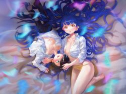 Rule 34 | 1boy, 1girl, barefoot, bed sheet, black pants, blue eyes, blue hair, boku no kokoro no yabai yatsu, breasts, brown eyes, collarbone, collared shirt, feet, from above, hands on another&#039;s head, highres, ichikawa kyoutarou, long hair, looking at viewer, lying, medium breasts, navel, on back, open clothes, open mouth, open shirt, panties, pants, partially unbuttoned, pectoral cleavage, pectorals, shirt, side-tie panties, thighs, unbuttoned, unbuttoned shirt, underwear, white shirt, yamada anna, yan90132076, yellow panties