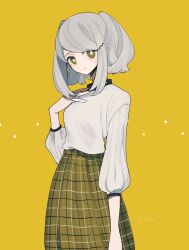 Rule 34 | 1girl, blush stickers, hair ornament, hairclip, hand on own chest, looking at viewer, maco22, original, plaid, plaid skirt, shirt tucked in, short hair, skirt, smile, solo, twintails, white hair, yellow background, yellow eyes