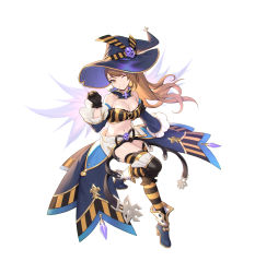 Rule 34 | 1girl, bare shoulders, beatrix (granblue fantasy), black gloves, boots, breasts, cleavage, closed mouth, crop top, detached collar, gloves, gold trim, granblue fantasy, halloween, hand up, hat, highres, large breasts, leg up, long hair, long skirt, long sleeves, looking at viewer, midriff, navel, off shoulder, one eye closed, purple hat, revealing clothes, showgirl skirt, siun, skirt, smile, solo, stomach, striped clothes, striped thighhighs, thighhighs, thighs, witch hat