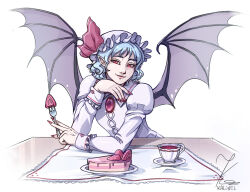 Rule 34 | 1girl, bat wings, blue hair, breasts, brooch, cake, cake slice, closed mouth, collared shirt, cup, fingernails, food, fork, frilled sleeves, frills, fruit, hat, head tilt, holding, holding fork, invisiblepie (kalinel), jewelry, juliet sleeves, light smile, long sleeves, looking at viewer, medium hair, mob cap, nail polish, pink hat, pink shirt, plate, pointy ears, puffy sleeves, red brooch, red eyes, red nails, remilia scarlet, saucer, sharp fingernails, shirt, simple background, small breasts, solo, strawberry, table, tablecloth, teacup, touhou, upper body, white background, wings