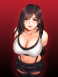 Rule 34 | 1girl, arms behind back, black hair, black skirt, black thighhighs, blush, breasts, cleavage, collarbone, crop top, earrings, elbow gloves, final fantasy, final fantasy vii, final fantasy vii remake, gloves, gradient background, hair over shoulder, highres, jewelry, large breasts, long hair, midriff, momo-chan atakku, navel, parted lips, pleated skirt, red background, red eyes, seductive smile, shiny skin, shirt, simple background, skirt, sleeveless, smile, solo, sports bra, square enix, suspender skirt, suspenders, thighhighs, tifa lockhart, white shirt