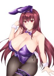Rule 34 | 1girl, animal ears, black pantyhose, blush, breasts, cleavage, closed mouth, crimecrime, detached collar, fake animal ears, fate/grand order, fate (series), hair between eyes, highleg, highleg leotard, highres, large breasts, leotard, long hair, looking at viewer, official alternate costume, pantyhose, playboy bunny, purple hair, purple leotard, rabbit ears, red eyes, scathach (fate), scathach (piercing bunny) (fate), simple background, thick thighs, thighs, white background, wrist cuffs
