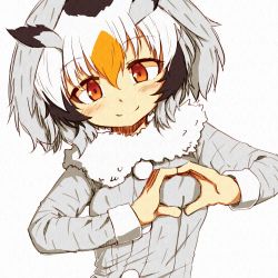 Rule 34 | 1girl, 7liquid, black hair, brown eyes, coat, commentary request, fur coat, fur collar, grey coat, grey hair, heart, heart hands, kemono friends, long sleeves, looking down, multicolored hair, northern white-faced owl (kemono friends), owl ears, simple background, smile, solo, upper body, white background, white hair