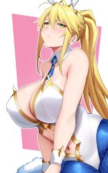 Rule 34 | 1girl, absurdres, animal ears, arind yudha, artoria pendragon (all), artoria pendragon (fate), artoria pendragon (swimsuit ruler) (fate), bare arms, bare shoulders, blonde hair, blue necktie, blue pantyhose, breasts, closed mouth, detached collar, fake animal ears, fate/grand order, fate (series), green eyes, highres, large breasts, leotard, long hair, looking at viewer, navel, necktie, pantyhose, playboy bunny, ponytail, rabbit ears, sidelocks, solo, white leotard