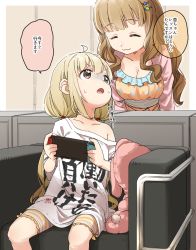 Rule 34 | ..., 2girls, :3, blonde hair, breasts, brown eyes, brown hair, chair, check translation, cleavage, closed eyes, collarbone, false smile, futaba anzu, hair ornament, hair tie, hairclip, highres, idolmaster, idolmaster cinderella girls, indoors, large breasts, long hair, looking at another, looking back, moroboshi kirari, multiple girls, nintendo switch, off shoulder, open mouth, oversized clothes, oversized shirt, shirt, smile, speech bubble, spoken ellipsis, stuffed animal, stuffed toy, sweat, translation request, turn pale, you work you lose, yukie (kusaka shi)