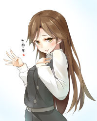 Rule 34 | 10s, 1girl, anniversary, arashio (kancolle), arashio kai ni (kancolle), belt, blush, brown eyes, brown hair, check commentary, check translation, commentary request, dress, hand on own chest, highres, kantai collection, long hair, negahami, open mouth, pinafore dress, school uniform, shirt, sleeveless, sleeveless dress, solo, translated, translation request, white shirt