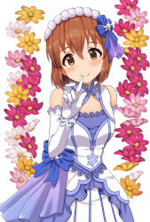 Rule 34 | 1girl, arm behind back, bare shoulders, blush, brown eyes, brown hair, closed mouth, dress, finger to mouth, floral background, hagiwara yukiho, hair ornament, highres, idolmaster, idolmaster (classic), idolmaster million live!, idolmaster million live! theater days, mimikaki (men bow), sash, short hair, smile, snowflakes, solo, standing, star (symbol)
