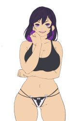 Rule 34 | amethyst, arms at sides, black top, breasts, crop top, flat color, highres, lace, lace-trimmed panties, lace trim, midriff, navel, open mouth, panties, patterned clothing, purple eyes, purple hair, sin salt, underwear