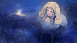 Rule 34 | 18 (backstreetno18), 1girl, :o, animal ears, animal hood, beige headwear, blue hair, blue raincoat, brown footwear, child, commentary request, dog hood, duel monster, evening crescent &amp; autumn shower, fake animal ears, forehead, from above, full body, grass, grey eyes, hair ornament, hairclip, hat, highres, holding, holding clothes, holding hat, hood, long hair, long sleeves, looking to the side, night, rabbit ears, rabbit hood, rain, raincoat, reflection, shoes, short hair with long locks, sidelocks, solo, standing, tears, water, water drop, white hat, yu-gi-oh!