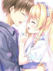 Rule 34 | 1boy, 1girl, absurdres, black shirt, blonde hair, blush, bow, brown hair, closed eyes, collared shirt, couple, hair bow, hand on another&#039;s back, hand on another&#039;s cheek, hand on another&#039;s face, highres, humuyun, jewelry, key (company), lolita fashion, open mouth, ring, shirt, smile, summer pockets, takahara hairi, tsumugi wenders, white background