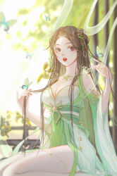 Rule 34 | 1girl, artist request, baiguio (zhu xian), bare legs, brown hair, bug, butterfly, clothing cutout, dress, facial mark, forehead mark, full body, green dress, hair ornament, hand in own hair, highres, insect, jewelry, long hair, necklace, parted lips, sash, second-party source, seiza, shoulder cutout, sitting, solo, teeth, thighhighs, upper teeth only, white thighhighs, zhu xian