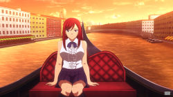 Rule 34 | 1girl, alternate costume, arm support, bare arms, bare shoulders, black eyes, black footwear, black skirt, blouse, blue bow, boat, boots, bow, bowtie, breasts, bridge, building, collared shirt, earrings, erza scarlet, fairy tail, female focus, gondola, highres, italy, jewelry, knees together feet apart, legs, looking at viewer, necktie, outdoors, pleated skirt, red hair, satyarizqy, shirt, sitting, skirt, sleeveless, sleeveless shirt, smile, solo, sunset, water, watercraft, white shirt