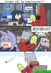 Rule 34 | 0 0, 4girls, animal ears, arknights, arrow (symbol), black hair, black jacket, box, cardboard box, comic, commentary, copyright name, english commentary, english text, engrish text, flying sweatdrops, frisbee, fur-trimmed hood, fur trim, gloom (expression), grey hair, guin guin, hair between eyes, hissing, holding, holding box, hood, hood down, hood up, hooded jacket, indoors, jacket, lappland (arknights), long hair, long sleeves, multiple girls, open mouth, outdoors, projekt red (arknights), provence (arknights), ranguage, red jacket, shaded face, sitting, sweat, texas (arknights), white jacket