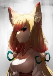 Rule 34 | 10s, 1girl, animal ears, bad id, bad pixiv id, blonde hair, breasts, closed mouth, fox ears, grey background, hair ornament, highres, japanese clothes, long hair, looking at viewer, low-tied long hair, medium breasts, merc storia, miko, red eyes, sogawa, solo, upper body