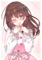Rule 34 | 1girl, ;), absurdres, alternate costume, blush, bow, brown eyes, brown hair, collared shirt, commentary, cowboy shot, dress, english commentary, finger to mouth, fingers together, frilled sleeves, frills, hair flaps, hair ornament, head tilt, highres, hololive, long hair, long sleeves, looking at viewer, one eye closed, pink dress, plaid, plaid background, plaid bow, shirt, sidelocks, smile, solo, star (symbol), star hair ornament, tokino sora, tokino sora (old design), tonarikeru, virtual youtuber, waist bow, white shirt