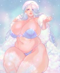 Rule 34 | 1girl, blue bra, bra, breasts, creatures (company), earrings, facing viewer, game freak, huge breasts, jewelry, looking at viewer, mature female, melony (pokemon), nintendo, osoretic, plump, pokemon, pokemon swsh, ring, solo, thick thighs, thighs, underwear, white hair, wide hips