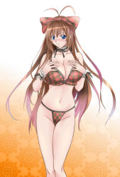 Rule 34 | 1girl, antenna hair, bare shoulders, blue eyes, blush, bow, bra, breasts, brown hair, choker, cleavage, female focus, gradient background, groin, hair bow, hair ribbon, highres, large breasts, lingerie, long hair, navel, orange background, panties, phantom thousand, plaid, plaid bra, plaid panties, red bra, red panties, ribbon, skindentation, solo, source request, switch01, third-party source, thong, underwear, underwear only, very long hair, white background, wrist cuffs