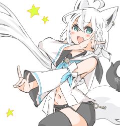 Rule 34 | 1girl, absurdres, ahoge, animal ear fluff, animal ears, black shorts, black thighhighs, blue neckerchief, blush, braid, commentary request, detached sleeves, double fox shadow puppet, earrings, fang, fox ears, fox girl, fox shadow puppet, fox tail, green eyes, hair between eyes, highres, hololive, hood, hoodie, jewelry, key, knee up, long hair, looking at viewer, mayoineko, midriff, navel, neckerchief, open mouth, outstretched arm, pentagram, shirakami fubuki, short shorts, shorts, sidelocks, simple background, single braid, single thighhigh, skin fang, solo, star (symbol), tail, thighhighs, virtual youtuber, white background, white hair, white hoodie