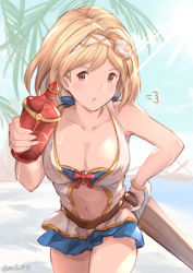 Rule 34 | 10s, 1girl, bad id, bad pixiv id, blonde hair, blush, breasts, brown eyes, cleavage, collarbone, djeeta (granblue fantasy), flower, granblue fantasy, hairband, highres, large breasts, looking at viewer, md5 mismatch, milli0401, navel, parted lips, resolution mismatch, rose, short hair, solo, twitter username, white flower, white rose