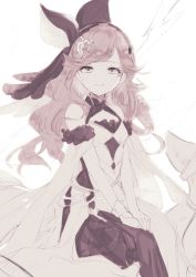Rule 34 | 1girl, dress, granblue fantasy, hairband, hands on own knees, long hair, monochrome, motitoy, sara (granblue fantasy), sitting, sleeveless, sleeveless dress, smile, solo