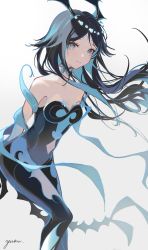 Rule 34 | 1girl, absurdres, bare shoulders, black hair, blue eyes, blue hair, bonanus (genshin impact), breasts, closed mouth, commentary, facing viewer, genshin impact, highres, horns, leotard, long hair, looking at viewer, multicolored hair, signature, small breasts, smile, solo, thighhighs, white background, yutou (yutou75)