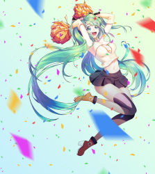 Rule 34 | 1girl, :d, bare shoulders, bow, breasts, cheerleader, cleavage, confetti, detached collar, detached sleeves, good smile, hair bow, hair ribbon, hatsune miku, highres, jumping, large breasts, leggings, long hair, looking at viewer, miniskirt, navel, necktie, open mouth, p.p (operson nangko), platform footwear, platform heels, pom pom (cheerleading), ribbon, see-through, skirt, smile, solo, strapless, tube top, very long hair, vocaloid