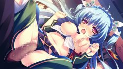 Rule 34 | 1boy, 1girl, 2-g, areolae, belt, black panties, blue hair, blush, breast grab, breasts, censored, clothed sex, exhibitionism, game cg, grabbing, hetero, lifting person, long hair, medium breasts, mosaic censoring, navel, nijiha ouka, nipples, open mouth, outdoors, panties, penis, pussy, red eyes, ribbon, saliva, sex, softhouse-seal, softhouse-seal grandee, thighs, underwear