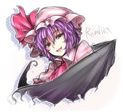 Rule 34 | 1girl, bat wings, blue hair, bow, character name, hat, open mouth, ototobe, red eyes, remilia scarlet, ribbon, short hair, sketch, smile, solo, touhou, wings