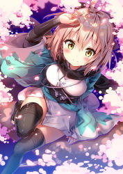 Rule 34 | 1girl, ahoge, arm up, black scarf, black thighhighs, blonde hair, blush, breasts, cherry blossoms, closed mouth, fate (series), from above, hair between eyes, haori, japanese clothes, kimono, knee up, koha-ace, looking at viewer, medium breasts, obi, okita souji (fate), okita souji (koha-ace), petals, riichu, sash, scarf, shinsengumi, short kimono, sitting, smile, solo, thighhighs, white kimono, yellow eyes