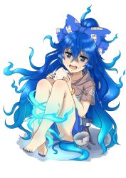 Rule 34 | 1girl, ahoge, bangle, barefoot, blue eyes, blue hair, blue nails, blue skirt, blush, bow, bowl, bracelet, brown pupils, commentary, crossed bangs, damaged, debt, eating, food, food on face, full body, grey hoodie, hair bow, highres, hood, hood down, hoodie, jewelry, jouzou, long hair, looking at viewer, miniskirt, nail polish, onigiri, open mouth, rice, rice on face, short sleeves, simple background, skirt, smile, solo, stuffed animal, stuffed cat, stuffed toy, convenient skirt, toenail polish, toenails, touhou, very long hair, white background, yorigami shion