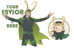 Rule 34 | 2boys, ;d, black hair, brown hair, cape, chibi, english text, eyepatch, fake horns, green cape, green eyes, hair pulled back, highres, horned headwear, horns, loki (marvel), long hair, long sleeves, male focus, marvel, marvel cinematic universe, multiple boys, multiple views, one eye closed, open mouth, outstretched arms, smile, sparkle, spread arms, teeth, thor: ragnarok, thor (marvel), thumbs up, tobu (bilibil), upper teeth only, white background