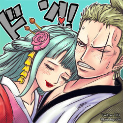 Rule 34 | !, !!, 1boy, 1girl, aqua hair, artist name, blush, braid, closed eyes, closed mouth, commentary, earrings, english commentary, eyelashes, flower, green hair, hair flower, hair ornament, hair stick, head on chest, heart, instagram username, japanese clothes, jewelry, kotchi yuuki, kouzuki hiyori, blue background, lipstick, long hair, makeup, one eye closed, one piece, red lips, roronoa zoro, scar, scar across eye, scar on face, short hair, simple background, single earring, smile, teeth, topknot, traditional clothes, twitter username