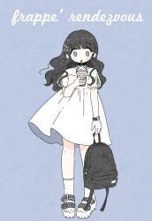 Rule 34 | 1girl, absurdres, backpack, bag, black bag, black hair, blue background, blush, cup, cursive, dress, drinking straw, french text, full body, grey eyes, hair ornament, hairclip, highres, holding, holding bag, holding cup, long hair, looking at viewer, no nose, noeru (noellemonade), original, plaid, see-through, see-through sleeves, short sleeves, solo, standing, watch, white dress, white footwear, wristwatch