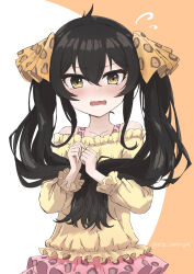 Rule 34 | 1girl, absurdres, animal print, bare shoulders, black hair, blush, collarbone, commentary request, frilled shirt, frilled skirt, frills, hair ribbon, highres, idolmaster, idolmaster cinderella girls, idolmaster cinderella girls u149, leopard print, long hair, looking at viewer, matoba risa, open mouth, pink skirt, print ribbon, print skirt, ribbon, roccamoya, shirt, skirt, solo, twintails, twitter username, wavy mouth, yellow shirt
