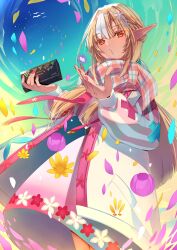 Rule 34 | 1girl, absurdres, blonde hair, blue sky, dark-skinned female, dark skin, dress, flower, hair flower, hair ornament, highres, hololive, jacket, long hair, looking at viewer, nail polish, official alternate costume, petals, pink dress, pink nails, pink scarf, pointy ears, red eyes, scarf, shiranui flare, shiranui flare (4th costume), sky, striped clothes, virtual youtuber, white hair, white jacket, yuutarou (fukiiincho)