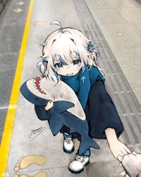 Rule 34 | 1girl, :d, absurdres, ahoge, arrow (symbol), black coat, black skirt, blue eyes, blue hair, blue scarf, blunt bangs, coat, gawr gura, grey hair, hair ornament, highres, holding, holding hands, holding stuffed toy, hololive, hololive english, ikea shark, komuff, long hair, looking at viewer, multicolored hair, open mouth, outstretched hand, photo background, pleated skirt, pov, scarf, shark girl, shark hair ornament, sharp teeth, skirt, smile, solo focus, streaked hair, stuffed animal, stuffed shark, stuffed toy, teeth, train station, train station platform, two side up, virtual youtuber